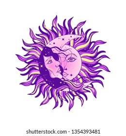Sun eclipse concept. Vector illlustration of astronomy and astrology symbol. Vintage, Boho or gypsy style