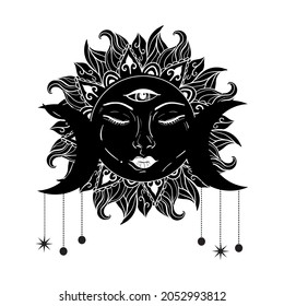 Sun eclipse concept. Vector illlustration of astronomy and astrology symbol. Vintage, Boho or gypsy style