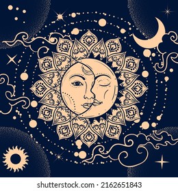 Concepto de eclipse solar. Ilustración vectorial de la astronomía y símbolo de astrología. Vintage, boho o gitano