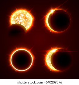 Sun eclipse icon set. Incomplete and total solar eclipse on a black background vector illustration set. The Sun in the Shadow of the Moon picture collection.