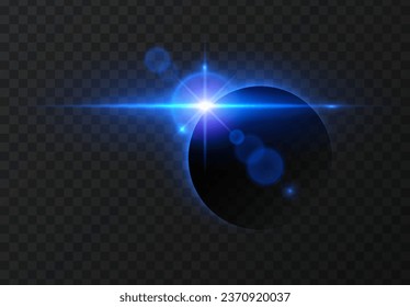 Efecto de la luz del eclipse solar. Las líneas de brillo horizontal vectorial del amanecer y el efecto de brillo láser en un fondo transparente oscuro. Elementos abstractos de rayos brillantes.