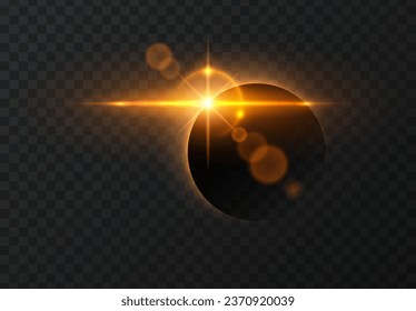 Sun eclipse light effect. Vector horizontal glowing lines of sunrise and laser glow effect on a dark transparent background. Glowing rays abstract elements.