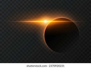 Sun eclipse light effect. Vector horizontal glowing lines of sunrise and laser glow effect on a dark transparent background. Glowing rays abstract elements.