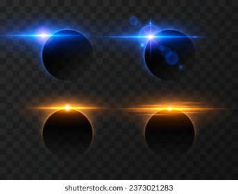 Sun eclipse light effect. Vector horizontal glowing lines of sunrise and laser glow effect on a dark transparent background. Glowing rays abstract elements.