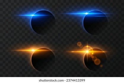 Sun eclipse light effect. Vector horizontal glowing lines of sunrise and laser glow effect on a dark transparent background. Glowing rays abstract elements.