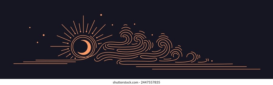 Sun eclipse, moon, line cloud, high ocean waves. Cloudy weather, wind, storm, stars on sky in minimal style. Vector golden asian symbol on black background