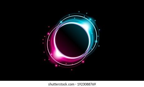 Sun Eclipse with Pink and blue Fire on Dark Background, Vector. Moon Design with Glowing Light.  Space and Science concept