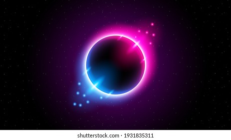 Sun Eclipse mit rosafarbenem und blauem Feuer auf dunklem Hintergrund, Vektorgrafik. Moon Design mit leuchtendem Licht.  Weltraum- und Wissenschaftskonzept