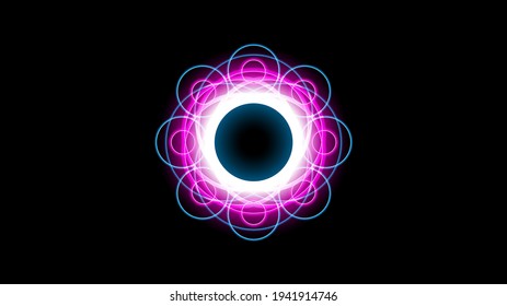 Sun Eclipse with Pink and blue Fire on Dark Background, Vector. Moon Design with Glowing Light.  Space and Science concept