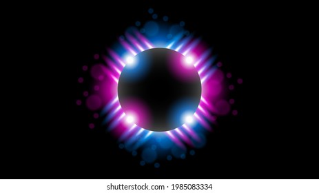 Sun Eclipse with Pink and blue Fire on Dark Background, Vector. Moon Design with Glowing Light.  Space and Science concept