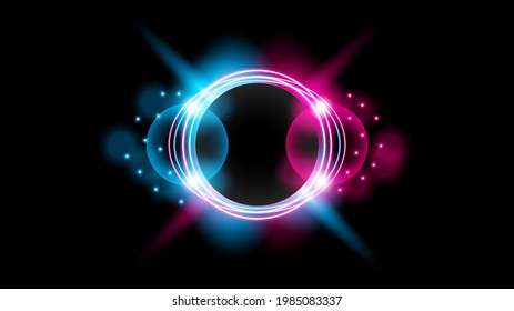 Sun Eclipse with Pink and blue Fire on Dark Background, Vector. Moon Design with Glowing Light.  Space and Science concept