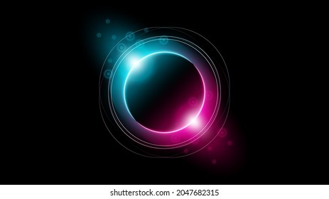 Sun Eclipse with Pink and blue Fire on Dark Background, Vector. Moon Design with Glowing Light.  Space and Science concept