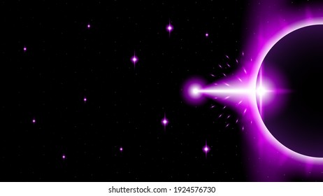 Sun Eclipse with Pink Fire on Dark Background, Vector. Moon Design with Glowing Light.  Space and Science concept