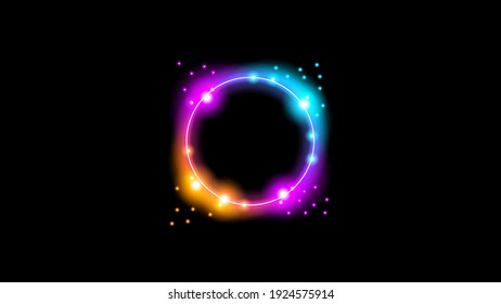 Sun Eclipse with Pink Orange and blue Fire on Dark Background, Vector. Moon Design with Glowing Light.  Space and Science concept