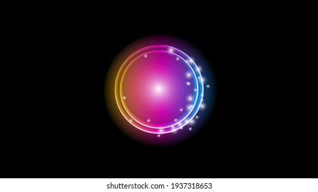 Sun Eclipse with Pink Orange and blue Fire on Dark Background, Vector. Moon Design with Glowing Light.  Space and Science concept