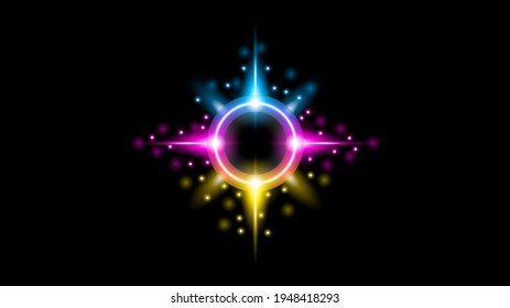 Sun Eclipse with Pink Orange and blue Fire on Dark Background, Vector. Moon Design with Glowing Light.  Space and Science concept