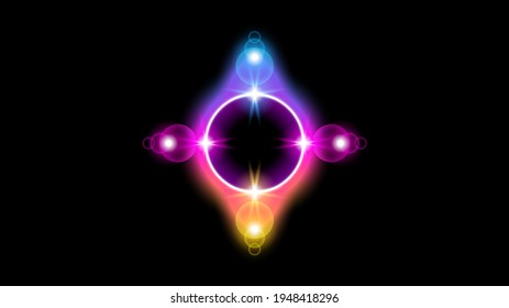 Sun Eclipse with Pink Orange and blue Fire on Dark Background, Vector. Moon Design with Glowing Light.  Space and Science concept