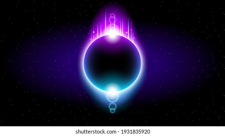 Sun Eclipse with Purple and blue Fire on Dark Background, Vector. Moon Design with Glowing Light.  Space and Science concept