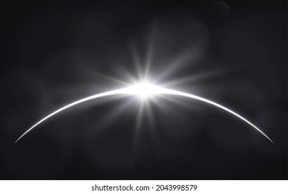 Sun Eclipse. Solar Ring On Dark Backdrop. Planet With Sun Rays. Abstract Light Effect. White Glow In Space. Earth Horizon With Lights. Realistic Sunrise With Glares. Vector Illustration.