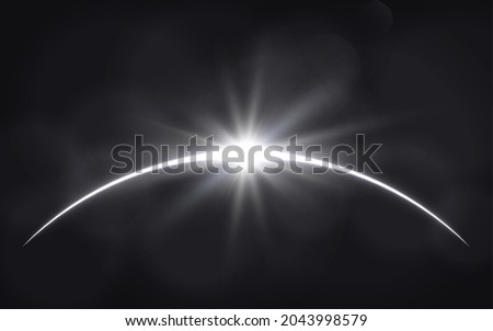 Sun eclipse. Solar ring on dark backdrop. Planet with sun rays. Abstract light effect. White glow in space. Earth horizon with lights. Realistic sunrise with glares. Vector illustration.