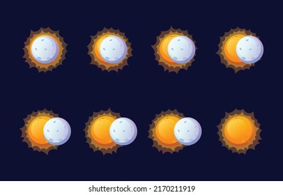 Sun eclipse, total and partial solar eclipse, several phases. Sun, moon and earth are nearly aligned on a straight line. Vector illustration, eps10