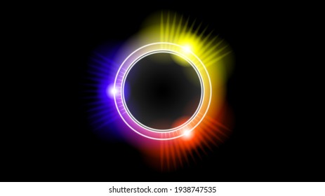 Sun Eclipse with Yellow Red and Purple Fire on Dark Background, Vector. Moon Design with Glowing Light.  Space and Science concept