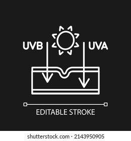 Sun effect on skin white linear icon for dark theme. Ultraviolet rays types. Sun exposure damage. Thin line illustration. Isolated symbol for night mode. Editable stroke. Arial font used