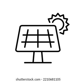 Sun Electric Energy Linear Pictogram. Ecology Sunlight Electricity Technology for House Outline Icon. Solar Panel Renewable Electricity Line Icon. Editable Stroke. Isolated Vector Illustration.