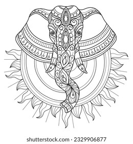Sun and elephant hand drawn for adult coloring book