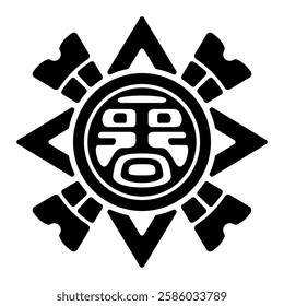 Sun emblem, an ancient Mexican motif for flat clay stamps. Pre-Columbian symbol, representing the Aztec sun deity Tonatiuh, found in Veracruz. Isolated black and white illustration over white. Vector