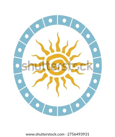 Sun emblem with swirling spiral core and wavy rays inside a dotted circular frame in clean cartoon style. Symbol of energy, warmth, vitality, and summer vibe for branding and decor. Cartoon vector illustration.