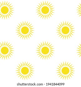 Sun emblem tribal symbol yellow and white seamless pattern. Day-star with sunbeams rays. Cartoon clip art for summer ethnic design to depict solar activity magnetic storm, sunny weather