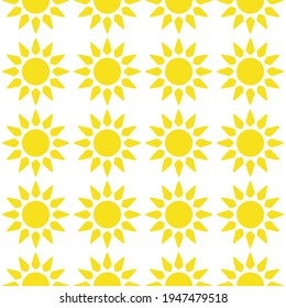 Sun emblem tribal symbol yellow and white seamless pattern. Day-star with sunbeams rays. Cartoon clip art for summer ethnic design to depict solar activity magnetic storm, sunny weather