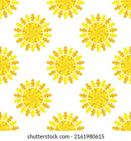 Sun emblem tribal symbol yellow and white seamless pattern. Day-star with sunbeams rays. Cartoon clip art for summer ethnic design to depict solar activity magnetic storm, sunny weather