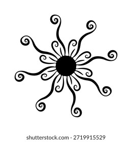 Vector de emblema del sol ilustración en blanco y negro. Estrella de día con rayos de sol en espiral, rayos rizados. Arte del Clip de la historieta del Vector para el diseño de la primavera o del verano para representar la actividad solar, tormenta magnética, Clima soleado