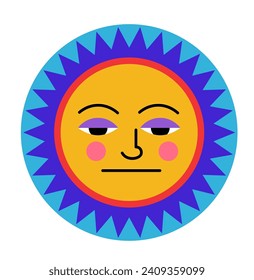 Sun embodiment of indifference in the sky. Sunny character with neutral facial expression. Isolated personage with gazed dully eyes and boredom and disinterest expressing. Vector in flat style