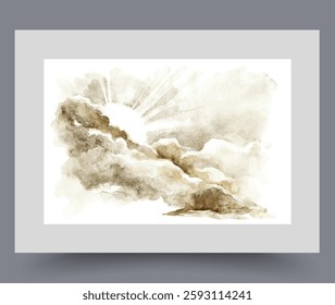 Sun emerges from behind clouds on warm summer morning to illuminate earth with its rays. Artwork with sun in cloudy sky to illustrate news with weather forecasts or articles about climate change