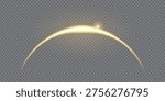 Sun emerging from an eclipse or shadow with shimmering planet or star in orbit. Golden arc of sun flare. Glowing light on a transparent bg. Vector illustration with gradient mesh and overlay effects