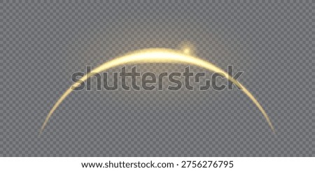 Sun emerging from an eclipse or shadow with shimmering planet or star in orbit. Golden arc of sun flare. Glowing light on a transparent bg. Vector illustration with gradient mesh and overlay effects