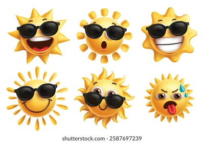 Sun emoji characters clipart set. Summer sun emojis face clip art collection with facial expressions like happy, shock, cute, tired and cool wearing black sunglasses elements vector illustration.