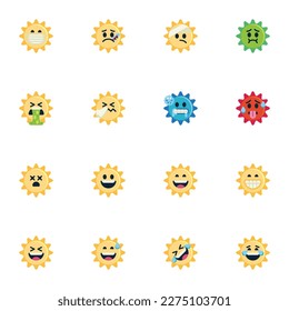 Sun emoji collection, sun face emoticon flat icons set, Colorful symbols pack contains - sunny weather, smile, happy, laughing, illness, cold, freeze, hot. Vector illustration. Flat style design