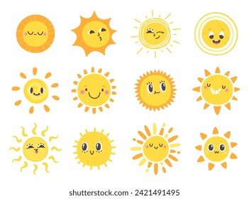 Sun emoji. Cute smiling, winking suns with funny faces. Doodle yellow summer sun. Vector solar summer symbols isolated set. Shining characters with beams and rays, cheerful emoticons