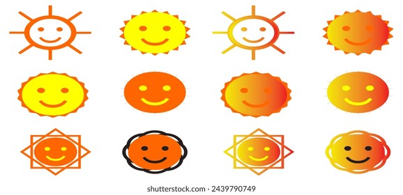 Sun Emoji. Cute smiling, winking suns with funny faces. Doodle yellow summer sun. Vector solar summer symbols isolated set