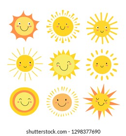 Sun Emoji. Funny Summer Sunshine, Sun Baby Happy Morning Emoticons. Cartoon Sunny Smiling Faces Vector Icons