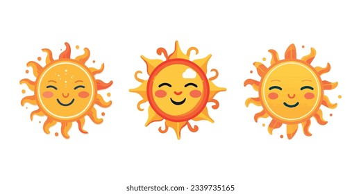 Sun emoji. Funny summer sunshine, sun baby happy morning emoticons. Cartoon sunny smiling faces vector icons