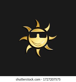 sol, icono de oro emoticono. Ilustración vectorial del estilo dorado. Tiempo de verano sobre fondo oscuro
