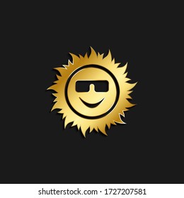 sun, emoji gold icon. Vector illustration of golden style. Summer time on dark background