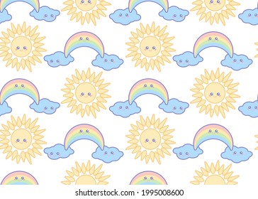 Sun emoji, kawaii rainbow smile and blue cloud vector seamless pattern childish illustrations. Kawaii smiling emoji of sun, rainbow and cloud sky objects. Baby design.