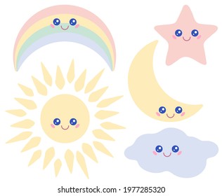 Sun emoji, kawaii star, rainbow smile, moon face and blue cloud vector collection on childish illustrations. Kawaii smiling emoji of sun, moon, star, rainbow and cloud sky objects. Baby design.