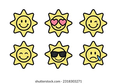 sun emoji set, groovy cartoon characters, sticker pack in trendy retro style, hippie vector design elements